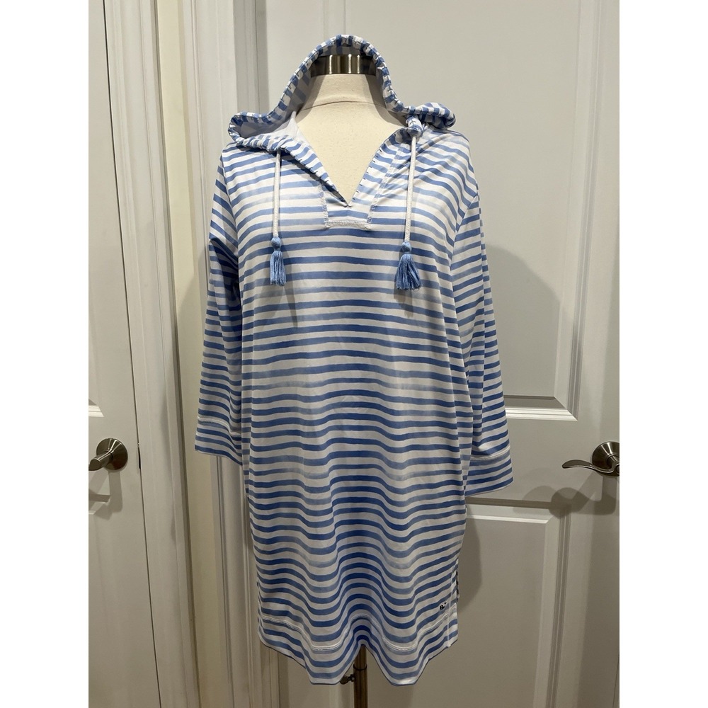 Vineyard Vines Hooded Swim Cover-Up Blue White Painted Stripe Women's Large